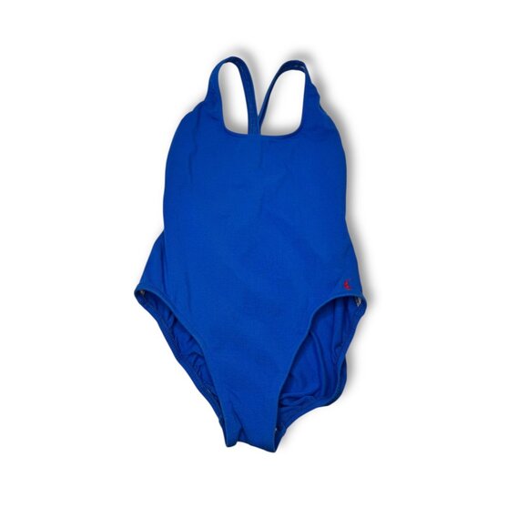 Ralph Lauren Womens Racerback Swimsuit Size 12 Blue Cotton Lycra Vintage 1980s - Picture 2 of 8